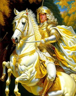 Alexander the Great on his horse oil painting finely intricate hyper-detailed colors yellow cream silver and white full body 8k artwork