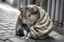 One single mature homeless hamster with worn out clothes, sleeping in a corner on the street, sound and realistic paws, Vienna, model style, hyper realistic, extremely accurate, delicate, extremely detailed, Graphic novel style, wide-angle, open aperture, superfine pencil