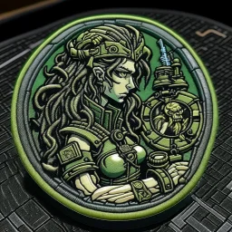 velcro patch of medusa in the style of cyber punk playing chess with a knight chess piece in her hand