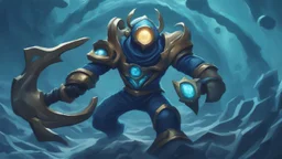 Nautilus is a champion in the game League of Legends with a menacing and alluring appearance. He wears a heavy blue suit with spider-like and metallic elements. He has a sturdy frame and a massive metal mask covering his head, which features two glowing eyes. He wields a weapon made of metal flanges called the "Anchor of the Depths" and is known for powerful movements and devastating strikes.