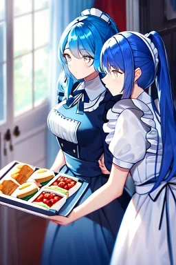 girl, masterpiece, best quality, cinematic lighting, detailed outfit, vibrant colors, perfect eyes, blue hair, long hair, white eyes, ponytail, maid, indoors, looking up, food,