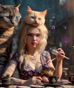 Ultra realistic afternoon photo, happy couple, blonde Alice woman and purple cat smoking a pipe, circus blue dress style, black headband with bow, old school body tattoo, smoke, marihuana garden, glow eyes, perfect iris, soft color, highly detailed, unreal engine 5, ray tracing, RTX, lumen lighting, ultra detail, volumetric lighting, high definition.