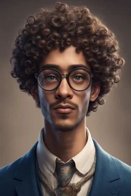 Ein junnge namens zinar ist weis hat locken und eine runde brille hat ein par mutermale im gesicht