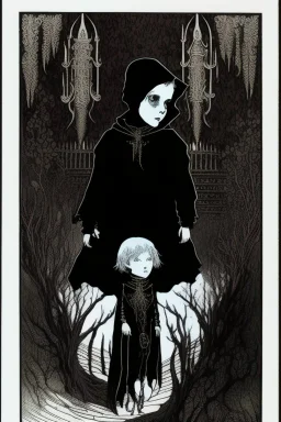 7 year old boy, necromancer, friendly, looks dead,with a long lamprey emerging from his belly , wearing black robes, in the style of Harry Clarke
