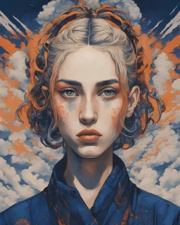 A beautiful portrait of a Singer Danish MØ face, cyberpunk, symmetry, hyperdetailed, painting by Katsushika Hokusai,darkblue and orange tones,