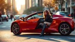 Create an ultra-realistic cinematic 8K fullbody of lady mode skin texture, add makeup,pretty boots,curvy long hair. Style: fashion editorial, confident is driving a roofless pretty sport car in streets of a modern city. Lighting: warm golden hour sunlight, soft rim light. Camera look: shallow depth of field, film grain, cinematic color grade. Outfit: keep similar to the original or elevate slightly with premium casual style.