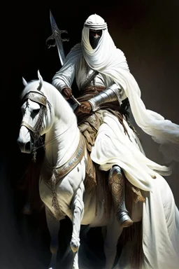 An Arab warrior holding two swords, sitting on horseback, wearing a white robe, strong, mysterious, frightening, fantasy, high quality