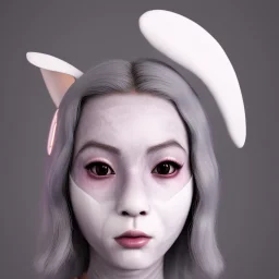 Front Portrait, Cyber rabbit mask teenager woman, color makeup, grey hair, rounded face, geisha style hair, white skin, pattern dress, velvet, vibrant color, cyberpunk style, highly detailed, art stations, concept art, smooth, unreal engine 5, god rays, ray tracing, RTX, lumen lighting, ultra detail, volumetric lighting, 3d, finely drawn, high definition, high resolution, gradient background