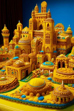 A yellow city made out of cakes and cookies designed in Moroccan rug art painted by the Limbourg brothers