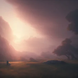 back shot of a tired man sleeping in the arms of jesus christ, A beautiful landscape at dawn by atey ghailan, ismail inceoglu, michal lisowski, artstation, volumetric light, high detail, perfect