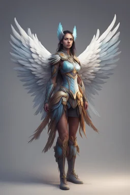 human female with a bird head character with strong wings and a lightbow