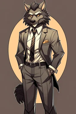 Buff, anthro, wolf, himbo, black fur, gold eyes, wearing a suit, full-body