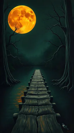 A masterful dark green oil painting in the style depicting a solitary, long wooden bridge extending over a still, dark river. The bridge, weathered and aged, leads towards a colossal, vibrant orange moon dominating the night sky, its light softly illuminating the surrounding scene and reflecting on the water’s surface. Looming on either side are towering, ancient trees with gnarled branches and thick roots disappearing into the shadowy undergrowth, and in the bottom-right corner .