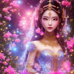 bright fairy, beautiful portrait of asiatique beautiful girl, flowery a magical crystal flower lys bougainvillier, blue gold house indian palace castle in the woods, magnolias pink,blue lake,sun,white swanns,pink vertical, blue lake,sharp, vines, candlelit, endor, ornate, elegant, highly detailed, artstation, concept art, smooth, sharp focus, illustration, 8k, splash art, wallpaper, key visual