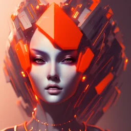 A beautiful portrait of a cute cyberpunk woman orange color scheme, high key lighting, volumetric light high details with white stripes and feathers