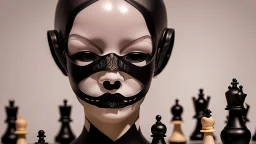 MASKED WOMAN WITH MYSTERIOUS EYES IN A TIGHT BLACK PERIOD COSTUME WITH WHITE LACE RIBBONS, IN FRONT OF A CHESS TABLE WHOSE PIECES ARE STRANGE BIOMORPHOIC CREATURES, CLOSE-UP ON A FOOT DARK BACKGROUND