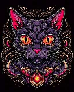 Scary Halloween Cat tattoo design, traditional tattoo style, t-shirt design, fantasy art, digital painting, clean dark background, 8K