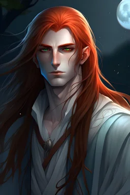 Pale moon elf long red hair male blue eyes