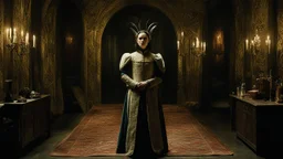 [Pan's Labyrinth (2006)] In the opulent luxury of the medieval bedroom, the female captain of the guard stood with regal grace, her armor gleaming in the soft candlelight that bathed the room. The plush furnishings and intricate tapestries spoke of wealth and power, a stark contrast to the battle-hardened warrior who now found herself in this lavish setting. The captain's hand rested on the hilt of her sword, she exudes an aura of strength and unwavering resolve.