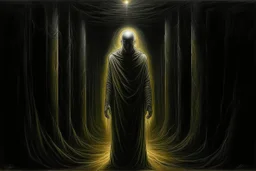 painting of a male figure emerges from the darkness, the abyss, escapes the darkness, the underworld, the past, exits the matrix and stands on the light side. inspired by Santiago Caruso, eric lacombe, anton semenov, dramatic artwork, sandman, by Zoran Mušič, bekskinski, inspired by Remedios Varo, by Santiago Caruso, dark surreal art, surreal drawing, by Jan Sawka