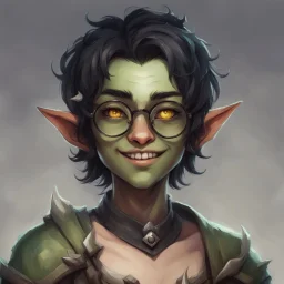 dnd, portrait of cute young orc-elf hybrid femboy, black hair, short hair, curled hair, hair covering one eye, emo hair, round glasses, tusks, sharp teeth, yellow eyes, flat chest, mage, magic, nose ring, pierced ears, twink, smile