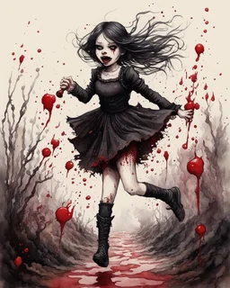 Petit girl goth, run pose, fullbody, splashes blood, behind guts rising from the ground, watercolor illustration by <John Kenn Mortensen>, darkred tones,