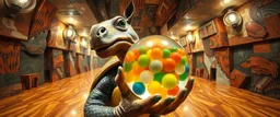 pin hole cam , master oil painting by Rembrandt, volume fog lights in reflective marble madness opera close up on turtle horse character portrait, holding big colorfull transparent marble ball, a living bowling marble halls with slightly tilted floor in a twisted block maze, scenery from the game "marble madness", crystal birds, the floor betrays, the walls collide,