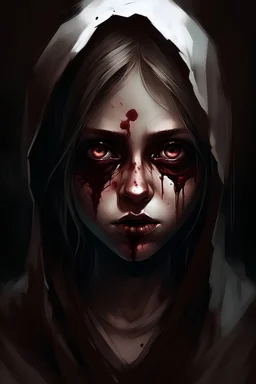 A horror digital portrait of a praying blind girl with gloomy eyes and bleeding mouth