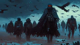 (Bio-engineered undead cyborg army) (menacing machines marching), ravens, glowing eyes, gas masks, dark winter landscape, techno gothic aesthetic, epic, science fiction painting, (Denis Sarazhin, Alex Colville, Simon Stålenhag, Neil Blomkamp, Christopher Shy, Alejandro Burdisio, Tye Myartinez, ominous sky), RAW, gritty, high contrast, atmospheric horror art, vivid, neon overlay, harsh textures, dramatic, surreal horror, ultraviolet light, into the black