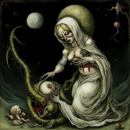 Visual Necromancy, zombie Madonna cradling an anthropomorphic worm baby on the moon, horror art conceived by Hieronymus Bosch, middle-ages surrealist painting, putrescence essence