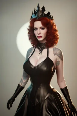 Christina Hendricks as evil queen in black leather gown, cleavage, angry, unreal 5, octane render,cinema4d, dynamic lighting, dramatic lighting, 4k, redshift render, highly detailed, hyper realistic