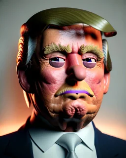 Realistic Waist up Portrait, Donald trump muppet, retro style, photo studio, unreal engine 5, god lights, ray tracing, RTX, lumen lighting, ultra detail, volumetric lighting, 3d.