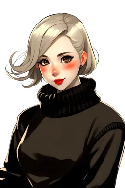 1girl, blonde hair, black eyes, black sweater, curvy, short hair, simple, background, white background, single person, wide hips, red lipstick, black headband, grey skirt, beige coat