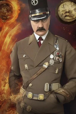 Adolf Hitler ,steampunk , portrait , cinamatic, highly detailed, close up, 4k , deep colours, gold , fire , red, purple,dark ,etheral , utopia ,