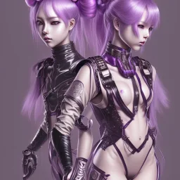 Detailed cute anime Kunoichi girl, purple hair buns, purple bangs, black latex bodysuit, intricate details, full body portrait, keep head in frame, slight smile, black Japanese motif, concept art, highly detailed, digital painting, concept art, sharp focus, illustration, art by Yoji Shinkawa, WLOP and greg rutkowski and alphonse mucha and artgerm and yanjun Chen and Junji ito and Makoto Shinkai, HDR, octane render