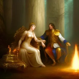 romantic fantasy spray painting, William Turner, close up on blonde robed poet sitting on throne, loosing torch in magical forest with marble throne