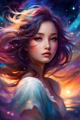 Masterpiece, Best Quality, Digital Painting Style, Beautiful Fantasy Art, Pretty Face, Cute, Front View, Imaginary Girl, Dream, Messy Hair, Wind, Night, Stars, Story, Wonderland, Vivid Colors