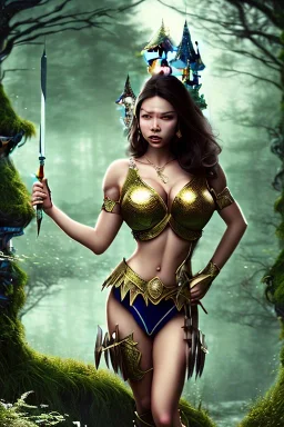 asian milf, bodybuilding, brunett short hair, warrior princess, forest, nacht, märchenschloss auf hügel, große oberweite, corsage, necklace, fantasy art