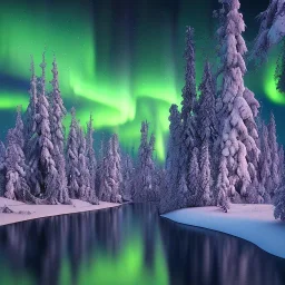 wintery forest around a reflective river with a brilliant aurora borealis lighting up the night sky, snow-covered trees, thick riverbank, 3d octane render, photorealistic, northern lights green, purple, red, yellow, 8k resolution, high-quality, fine-detail, intricate, digital art, detailed matte, volumetric lighting, dynamic lighting