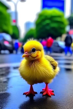 The little chicken is cute and cute and very small in shock and standing in a public street.