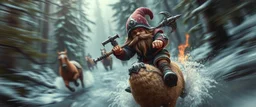 oil painting ,close up motion blur portrait of dwarf thief - Forgotten Realms dodging cyberpunk armored dwarf with war half moon spear hammer with spikes, riding tiny furry brown and purple hot dog lama with smoking mouth above water and along winding branches in lush icy forest along speeding horses , bokeh like f/0.8, tilt-shift lens 8k, high detail, smooth render, down-light, unreal engine, prize winning