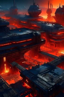 soviet brutalistic modern cyber punk architecture build on the sun, bird view on a city party,a lot of fire and dark buildings, magma underground, glowing hot ground, star wars inspired magma builds, flying street systems with a lot of trafic