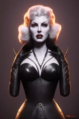 Lana Turner as evil queen in black leather, leather, busty, cleavage, angry, stern look. character design by cory loftis, fenghua zhong, ryohei hase, ismail inceoglu and ruan jia. unreal engine 5, artistic lighting, highly detailed, photorealistic, fantasy