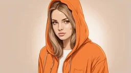 Portrait of a beautiful ultra young woman in an orange bright hoodie. Bright solid brown background.