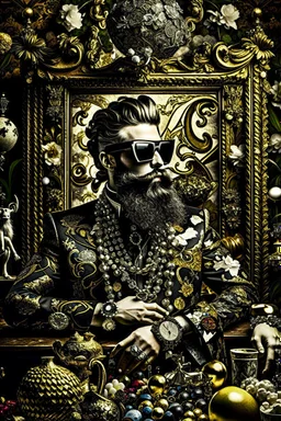 Artistic photo in the audacious style of Jill Greenberg, of man with a luxurious and striking style, abundance of jewelry, oversized square one-piece sunglasses,black beard, prints, extravagant, baroque scene , impasto style with thick textured strokes