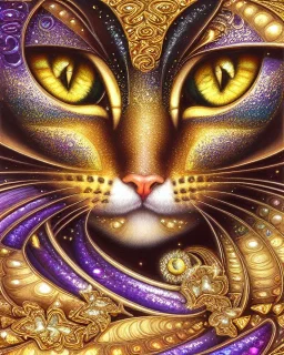 Cat , 500 x 500 pixels, glitter gold, extremely detailed fractal , fractal gems, fractal crystals, gold glitter, imperial colors ,digital oil painting , detailed art illustration, vibrant, cinematic, ornate, luxury, 8K polished in the style of Josephine Wall, Brian Froud.Thomas Kinkade