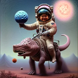 1yo little boy is on safari on the moon. riding a pink dinosaur. he has big and a funny hat. High detailed. Cinematic. oil on canvas painting. Warm lights. beksinski