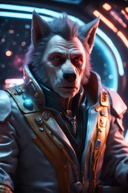 spray paint and pen outline, really macho pimp Christopher Walken orc wolf captain that go hard sitting in space station cockpit , in front of space portal dimensional glittering device, bokeh like f/0.8, tilt-shift lens 8k, high detail, smooth render, down-light, unreal engine, prize winning