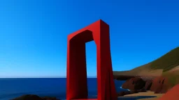 Una prominente estructura roja en forma de T, posiblemente simbólica o artística, se alza audazmente sobre un sereno telón de fondo costero. La figura monolítica tiene una rica textura, evocando un sentimiento de crudeza, materialización orgánica, y contrasta notablemente con la apagada, primer plano terrenal. Este primer plano se funde en las profundidades, extensión ultramar del océano, , que es plácido bajo un cielo suavemente iluminado. Los sutiles toques de luz ambiental crean un efecto res