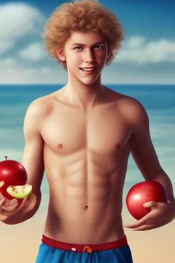 full body image of a beautiful 12 year old boy with long, blonde curly hair and light blue eyes, smiling, shirtless, holding a red apple in his right hand, in front of an distant beach, photorealistic